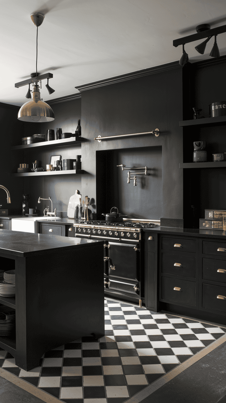 A modern kitchen with black cabinetry, a large black stove with brass accents, open shelves displaying various kitchen items, a brass faucet above a farmhouse sink, and a black and white checkered floor. The room is lit by a brass pendant light.