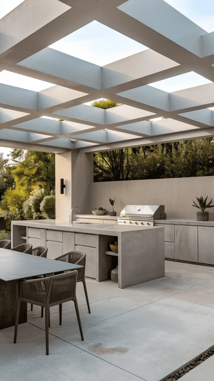A modern outdoor kitchen and dining area with concrete countertops and cabinetry, featuring a stainless steel grill, sink, decorative potted plants, and a dining table with woven chairs under a pergola with a grid canopy.