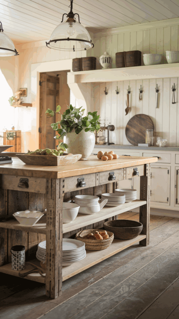 A rustic kitchen with a wooden island featuring open shelves filled with white dishes and ceramic jars. The island's top surface has a bowl of green apples, a vase with greenery, and a few small round loaves of bread. The background includes light-colored cabinetry, wall hooks with utensils, and decorative elements on a shelf.