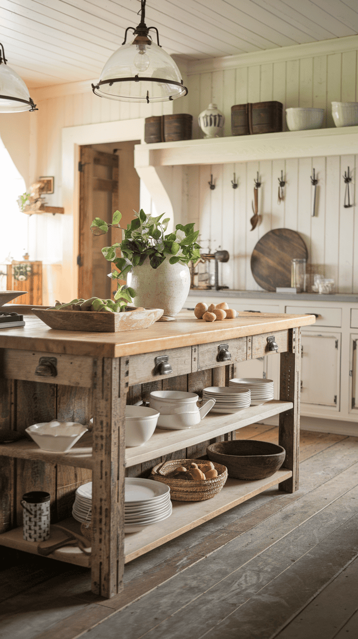 A rustic kitchen with a wooden island featuring open shelves filled with white dishes and ceramic jars. The island's top surface has a bowl of green apples, a vase with greenery, and a few small round loaves of bread. The background includes light-colored cabinetry, wall hooks with utensils, and decorative elements on a shelf.