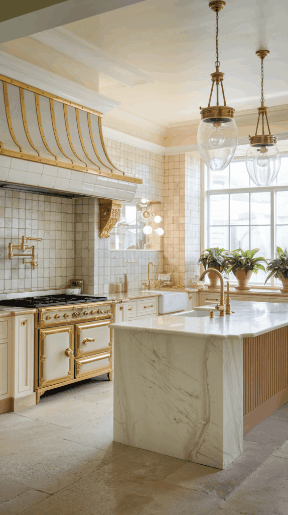 A luxurious kitchen featuring an ornate stove with gold detailing, a marble island, and large glass pendant lights overhead, with plants on the windowsill.