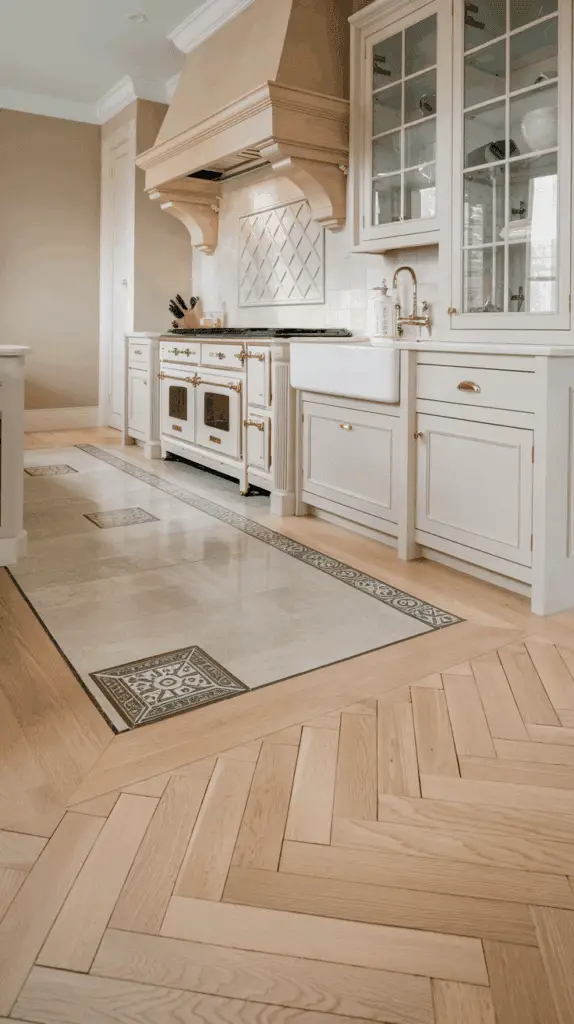 A luxury kitchen with a light wooden floor featuring a herringbone pattern, cream cabinets, and a vintage-style stove with gold accents. Above the stove is an ornate hood and diamond-patterned backsplash. A large farmhouse sink and glass-fronted cabinets are also visible.