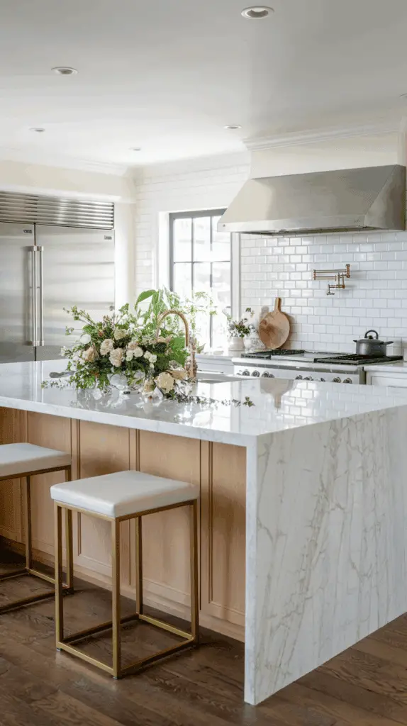 A modern kitchen with a marble island, two white stools with gold frames, and a stainless steel refrigerator. The space features a white tile backsplash, a large range with a stainless steel hood, and a decorative arrangement of flowers on the counter.