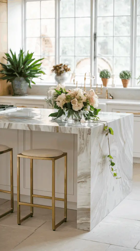 A bright kitchen area featuring a marble island topped with a vase of fresh flowers and trailing greenery, surrounded by gold-framed barstools. In the background, there are large windows with potted plants on the sill, allowing natural light to fill the room.