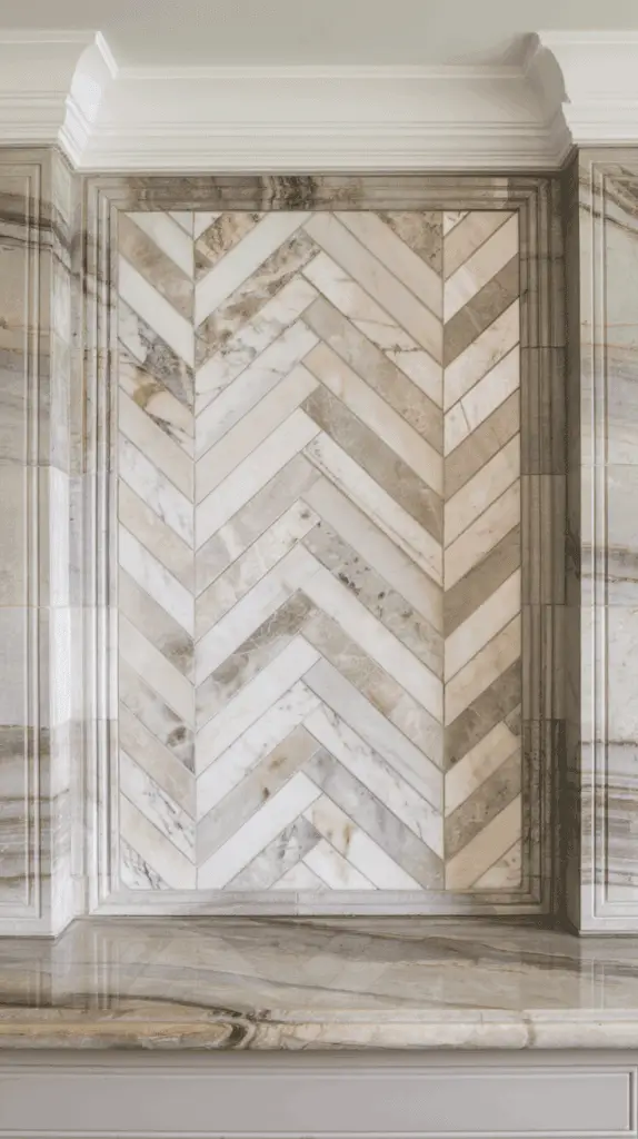 A decorative wall feature with herringbone marble tile in shades of gray and white, set within a framed section of a room with coordinating marble surfaces and white crown molding.