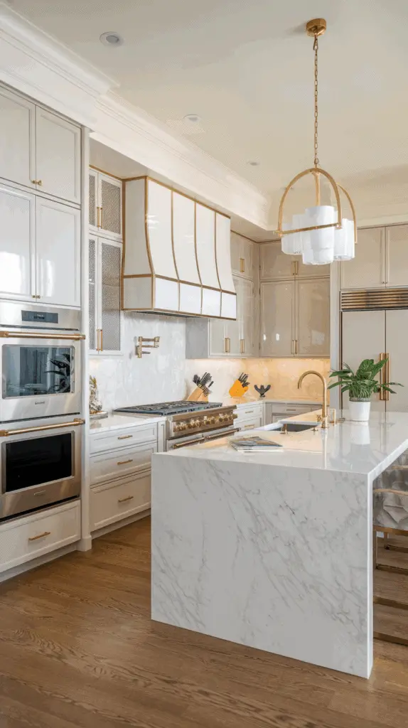 A modern kitchen with white cabinetry, a marble countertop island, a brass-accented range and hood, and a contemporary pendant light. The kitchen features stainless steel appliances and wood flooring.