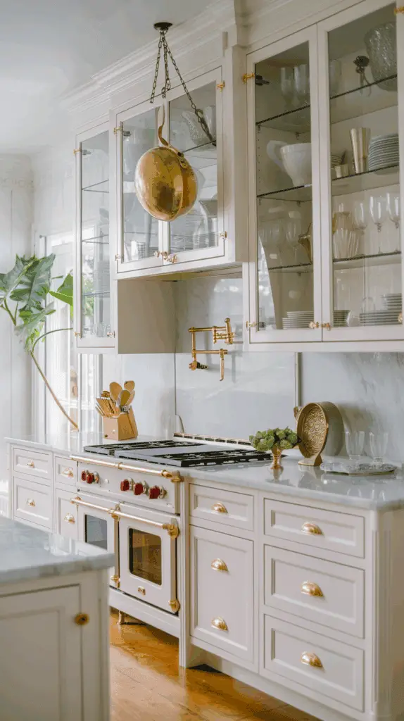 A luxurious kitchen with creamy white cabinets, gold accents, and a marble countertop, featuring a vintage-style stove and a pot filler faucet above it.