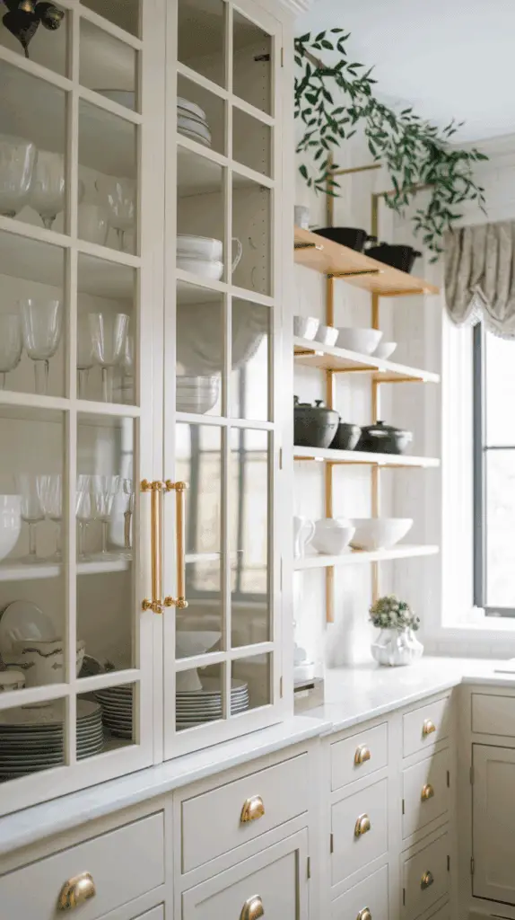 A kitchen interior featuring cream-colored cabinets with glass doors, displaying neatly arranged dishes and glassware. Open wooden shelves hold black pots and white bowls, and a green plant adds a touch of nature. Gold handles accentuate the cabinetry, and a window allows natural light to illuminate the space.