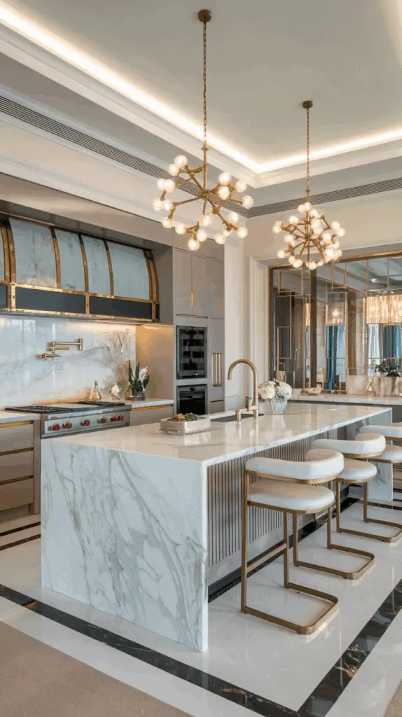 Luxurious kitchen with marble countertops, modern appliances, and elegant pendant lights hanging above an island with gold-accented bar stools, featuring a light color scheme and sleek design elements.