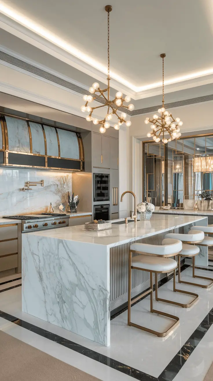 Luxurious kitchen with marble countertops, modern appliances, and elegant pendant lights hanging above an island with gold-accented bar stools, featuring a light color scheme and sleek design elements.