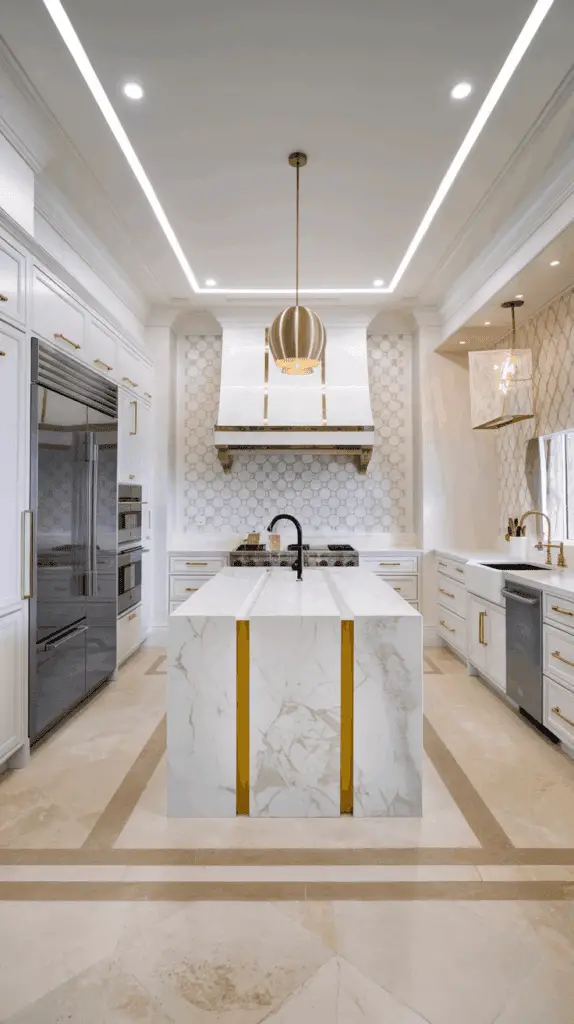 A luxurious kitchen featuring a large marble island with gold accents, a black faucet, and modern appliances. The room is illuminated by a sleek pendant light and has custom cabinetry with integrated handles. The backsplash and hood vent feature a geometric tile pattern, complementing the elegant and contemporary design.