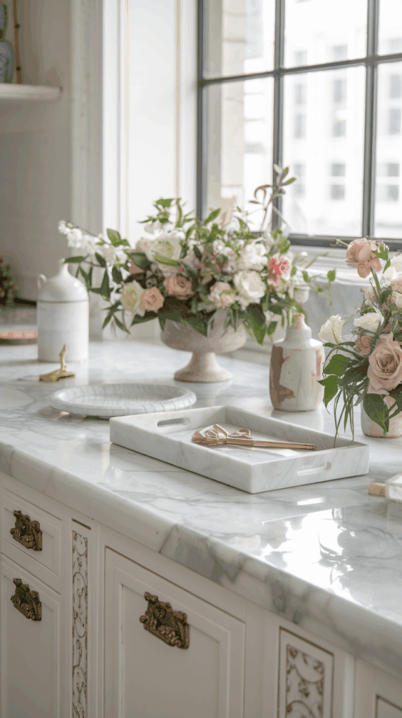 A luxurious kitchen countertop with marble surfaces, adorned with ornate floral arrangements in vases, a decorative tray with gold scissors, and brass drawer pulls, all illuminated by natural light from a large window.