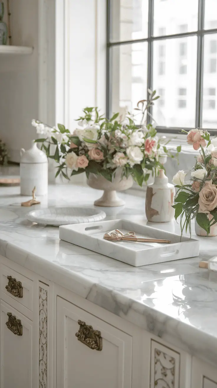 A luxurious kitchen countertop with marble surfaces, adorned with ornate floral arrangements in vases, a decorative tray with gold scissors, and brass drawer pulls, all illuminated by natural light from a large window.