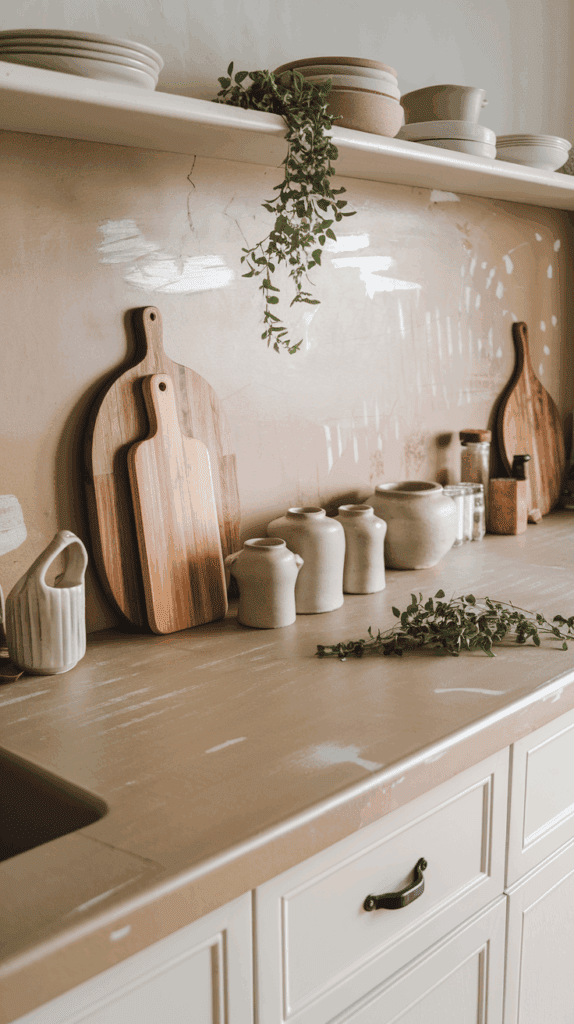 A rustic kitchen countertop with wooden cutting boards, ceramic pots, white crockery, and green vines, creating a natural and minimalistic aesthetic.