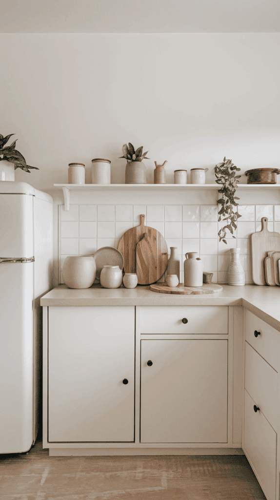 A minimalist kitchen corner with light-colored cabinets and countertop, featuring various ceramic jars and vases, wooden cutting boards, and small plants on the countertop and a wall shelf against a white tiled backsplash.