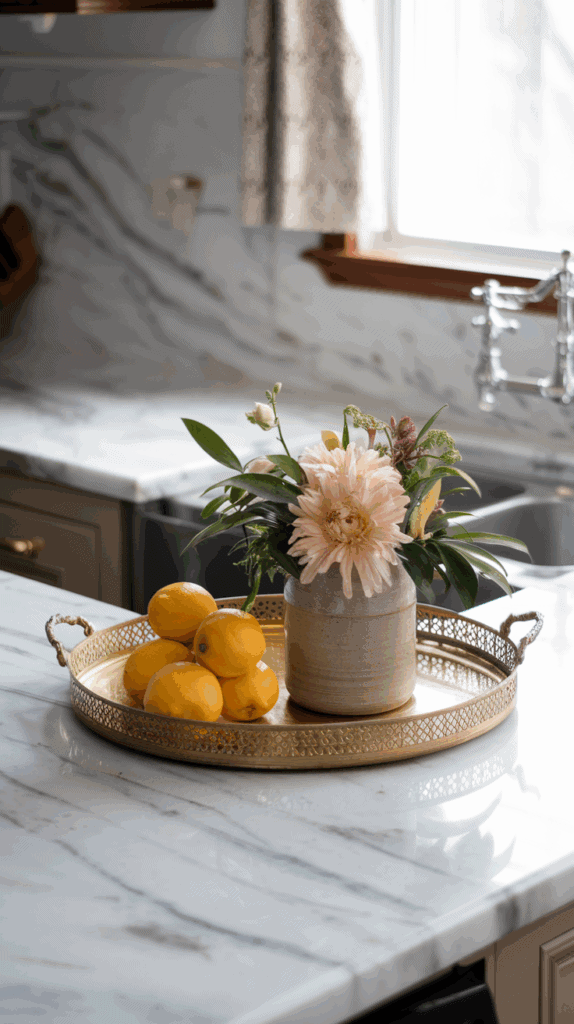 A kitchen with a marble countertop featuring a decorative golden tray holding a ceramic vase with a pink flower arrangement and several yellow lemons.