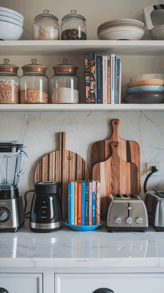 A kitchen counter with a blender, coffee maker, and toaster. There are wooden cutting boards and a selection of colorful books, along with glass jars containing grains on the shelf above. Stacks of bowls are also visible on the shelves.