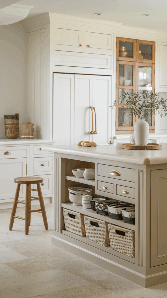 A modern kitchen with white cabinetry, a central island with shelves containing baskets and bowls, and a wooden stool. There is a vase with greenery on the island, a loaf of bread, and brass handles on the drawers and cabinets.