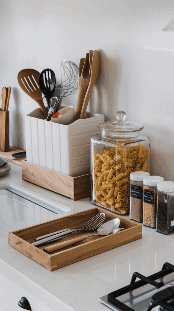 A kitchen countertop with a white utensil holder containing wooden spoons and a whisk, a glass jar filled with pasta, spice jars, and a wooden tray holding cutlery.