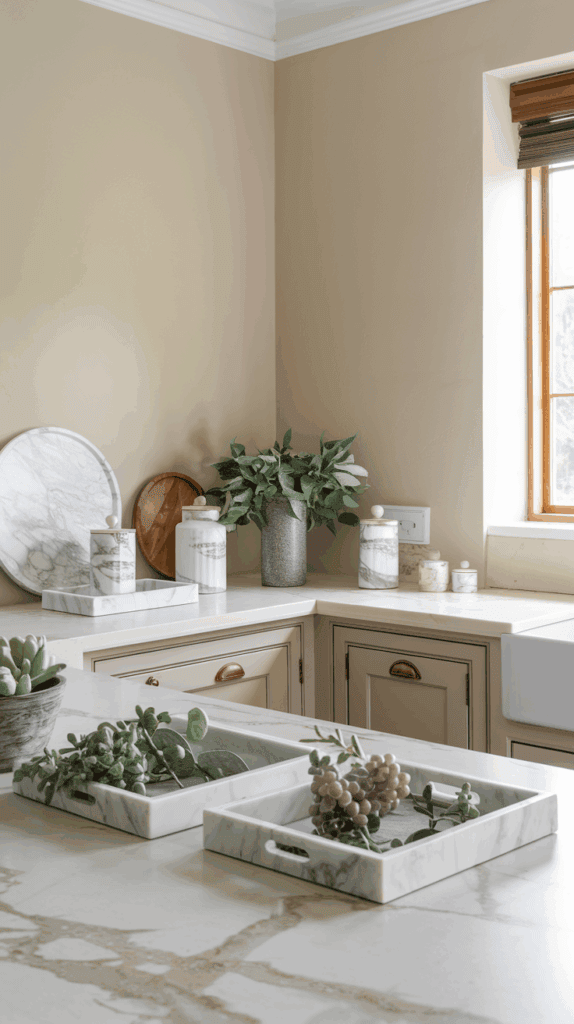A kitchen corner with beige cabinets and marble countertops, featuring decorative elements such as potted plants, marble trays, and jars, alongside a window with wooden blinds.