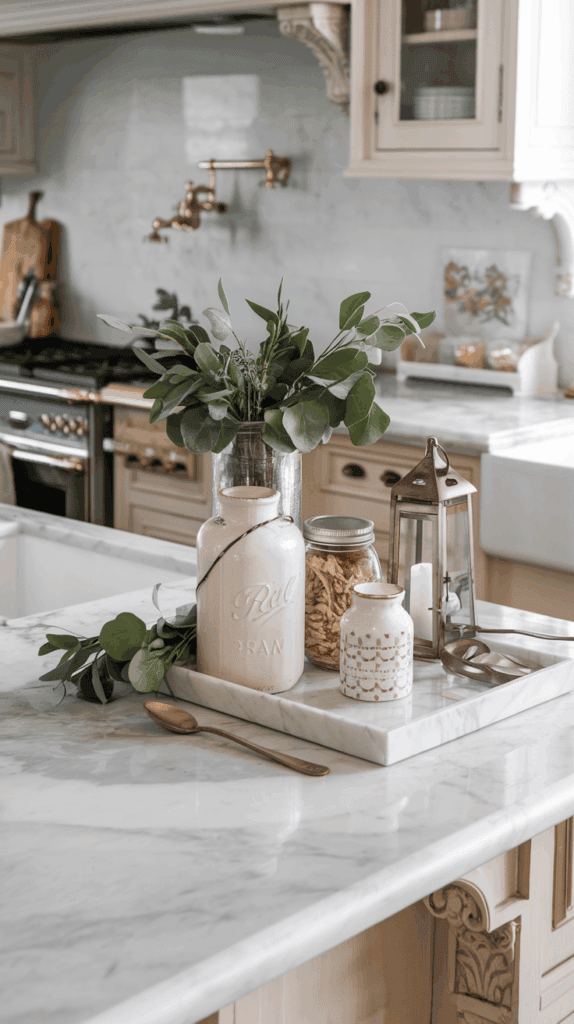 A farmhouse-style kitchen with a marble countertop featuring a decorative arrangement of a beige ceramic jar, a glass container with greenery, a jar of dried pasta, a decorative candle holder, and a spoon. In the background, there's a traditional oven and a wall-mounted pot filler.
