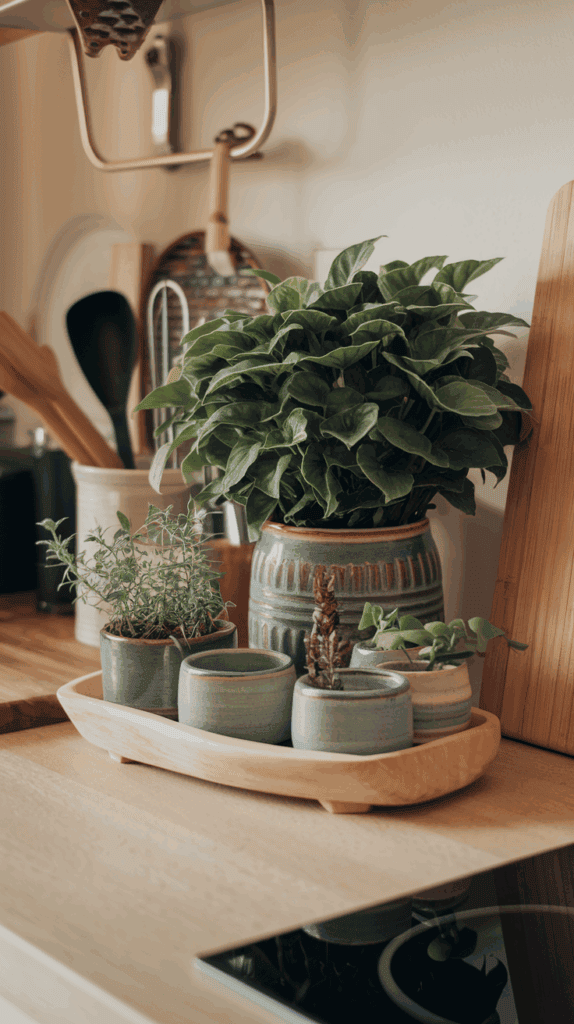 A kitchen countertop with a ceramic pot of basil and a wooden tray holding several smaller ceramic pots with herbs.