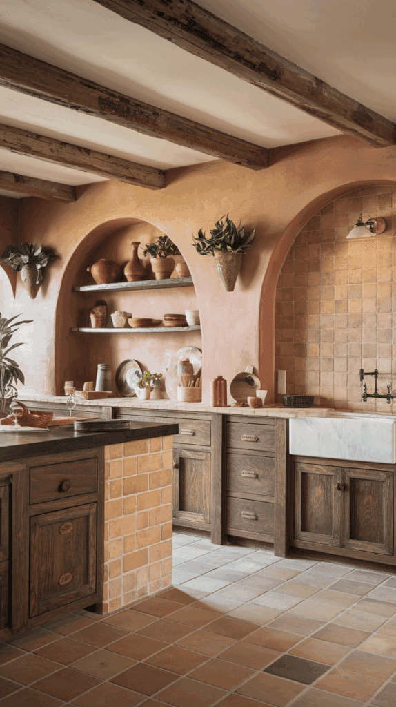 Rustic kitchen with wooden cabinets, arched alcoves filled with pottery and plants, terracotta tiles, and exposed wooden ceiling beams.