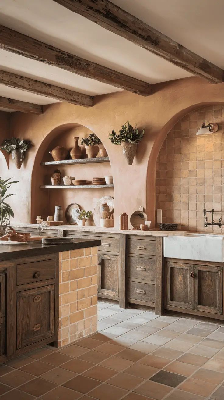 Rustic kitchen with wooden cabinets, arched alcoves filled with pottery and plants, terracotta tiles, and exposed wooden ceiling beams.
