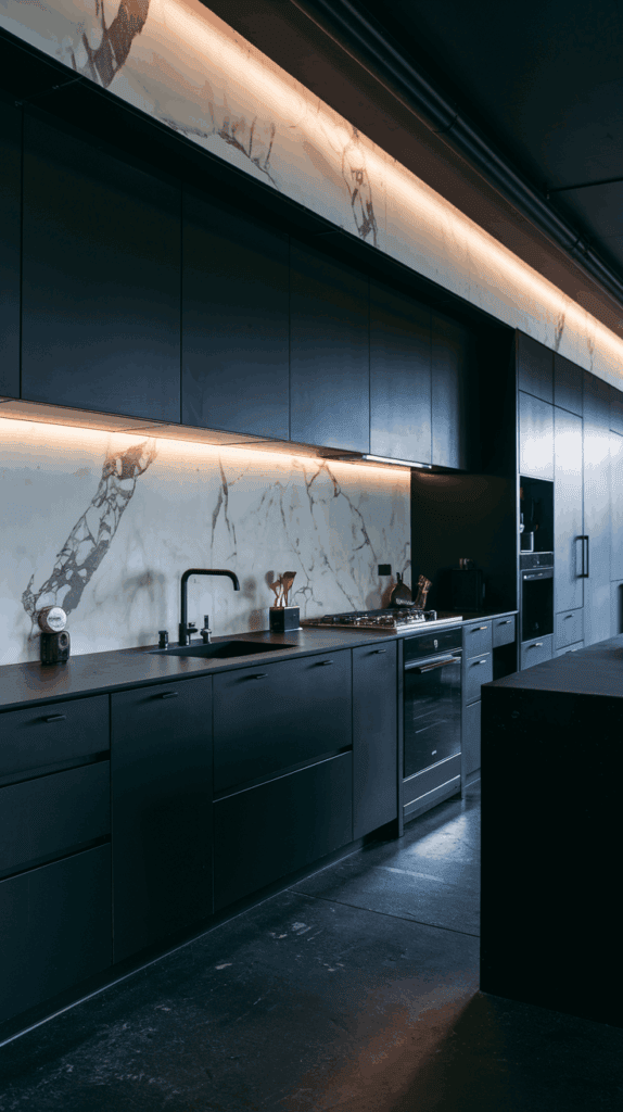 A modern kitchen with black cabinetry, a marble backsplash, under-cabinet lighting, and an integrated stove and sink.
