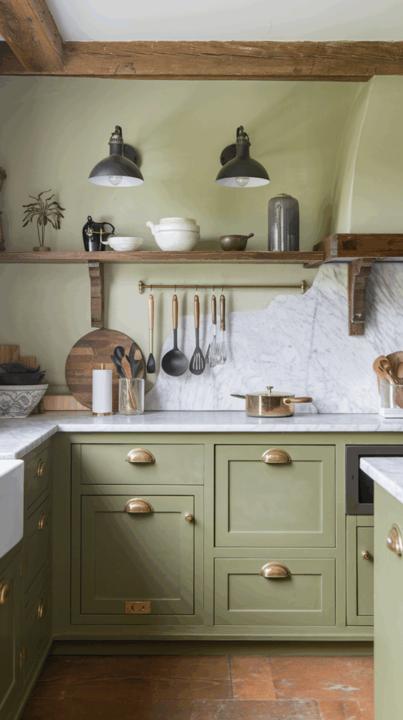 A rustic kitchen with green cabinets, brass handles, and a white marble countertop and backsplash. Wooden shelves hold pots, a cutting board, and decorative items, while utensils hang from a brass rod below two black wall sconces.