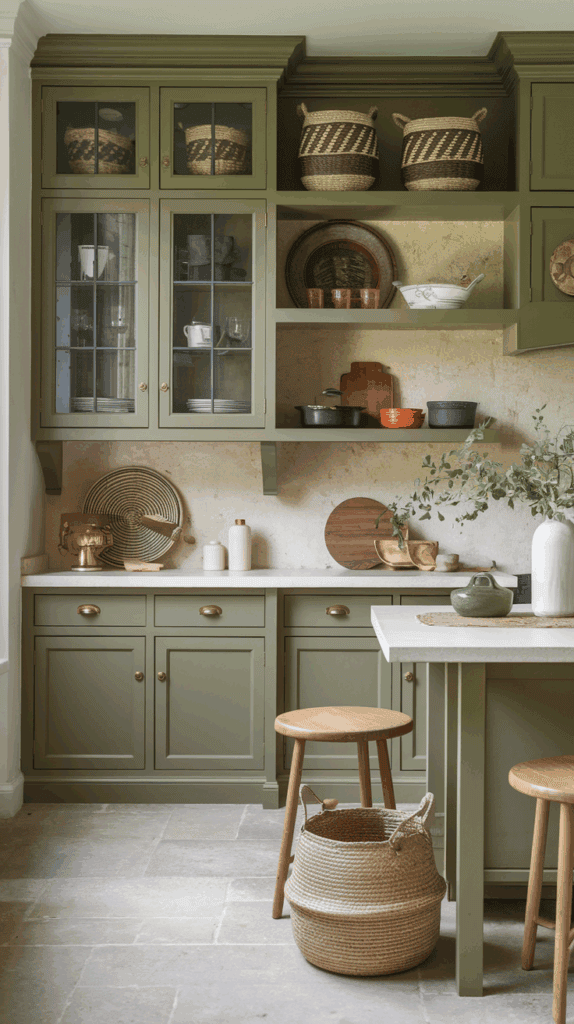 A kitchen with green cabinetry featuring glass-fronted upper cabinets, wicker baskets on top, a beige stone backsplash, and various decorative items and crockery on the counters. A wooden stool and a woven basket are positioned in front of the island, which is topped with a white countertop. The flooring is light gray stone tile.