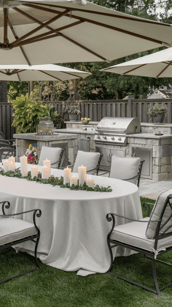 A well-decorated outdoor dining area featuring a round table covered with a white tablecloth, adorned with white candles and green foliage in the center. Surrounding the table are cushioned chairs and overhead are large patio umbrellas. In the background, there is a built-in stainless steel grill set within a stone counter, with various plants and decorations nearby.