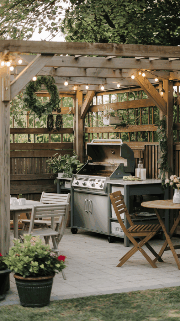 A cozy outdoor garden area with a grill under a wooden pergola, surrounded by string lights and potted plants, with wooden patio furniture arranged on a stone patio.