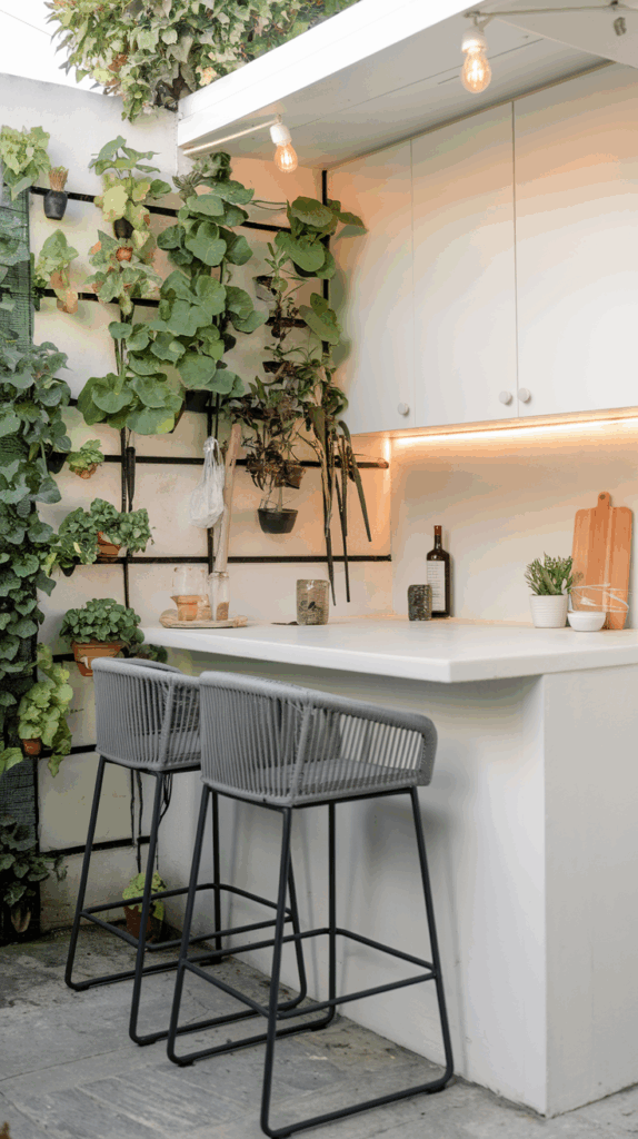 A small outdoor kitchen area with a white countertop and built-in cabinets above. Two gray bar stools are positioned at the counter. On the wall, there is a vertical garden with various potted plants. The counter has items such as a wooden cutting board, potted herbs, a bottle of wine, glasses, and a woven basket. Overhead, exposed light bulbs provide illumination.