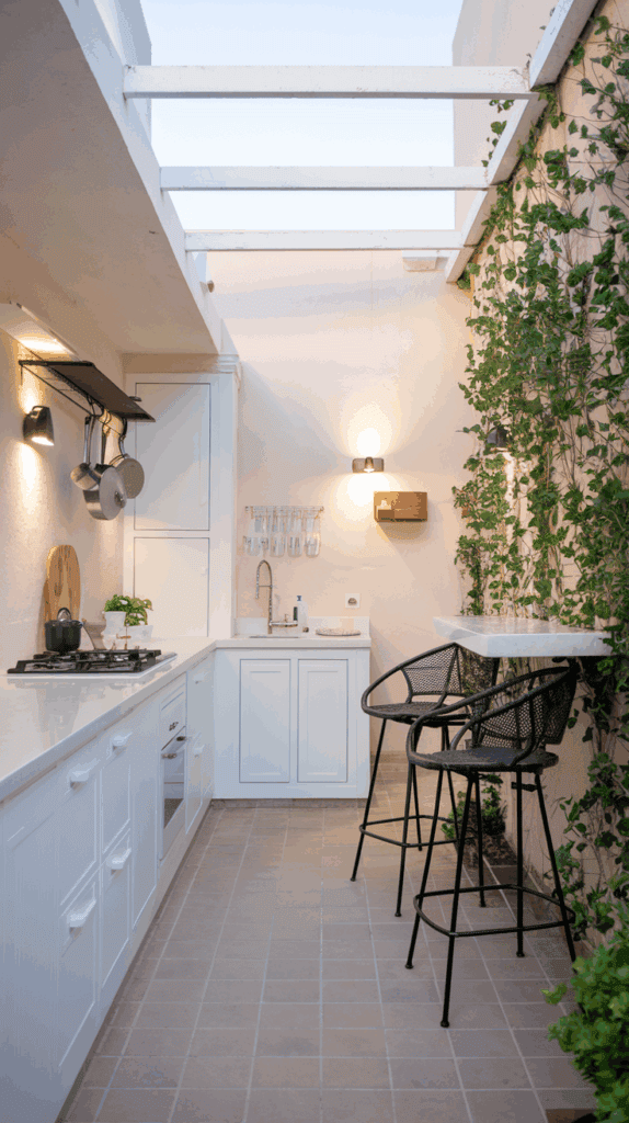 A narrow outdoor kitchen with white cabinetry, a built-in stove, and a sink on one side, and a small bar area with tall chairs on the opposite side; the walls are adorned with climbing plants and illuminated by small wall lights.