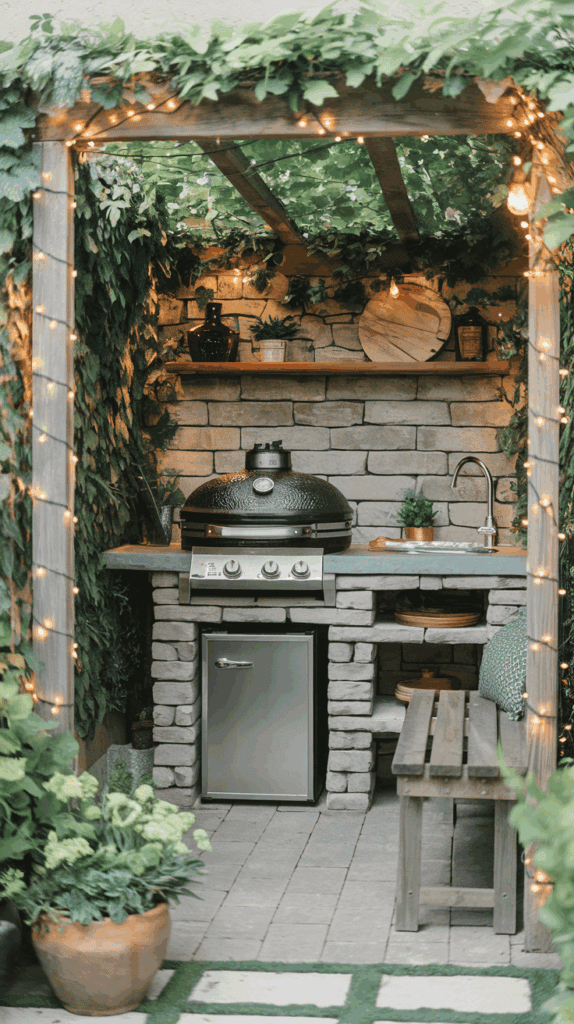Outdoor kitchen with a stone finish, equipped with a grill, small refrigerator, sink, and wooden shelves, surrounded by greenery and string lights.