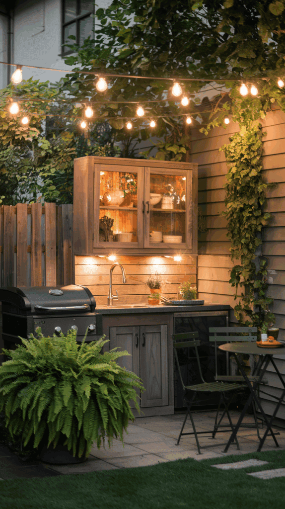 Cozy outdoor kitchen with wooden cabinets, a grill, potted ferns, and string lights overhead, set against a wood-paneled wall with climbing plants.