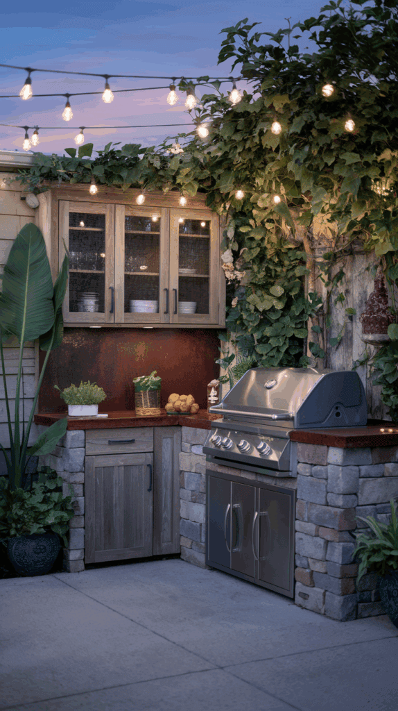 An outdoor kitchen setup with a stainless steel grill, stone and wood cabinetry, and hanging string lights covered with leafy vines.