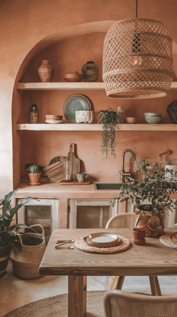 A cozy kitchen with a rustic design featuring terracotta walls, wooden shelves displaying pottery and plants, and a woven pendant light. The foreground shows a wooden dining table set with rattan placemats, plates, and cutlery, alongside a woven basket and potted plants for decoration.