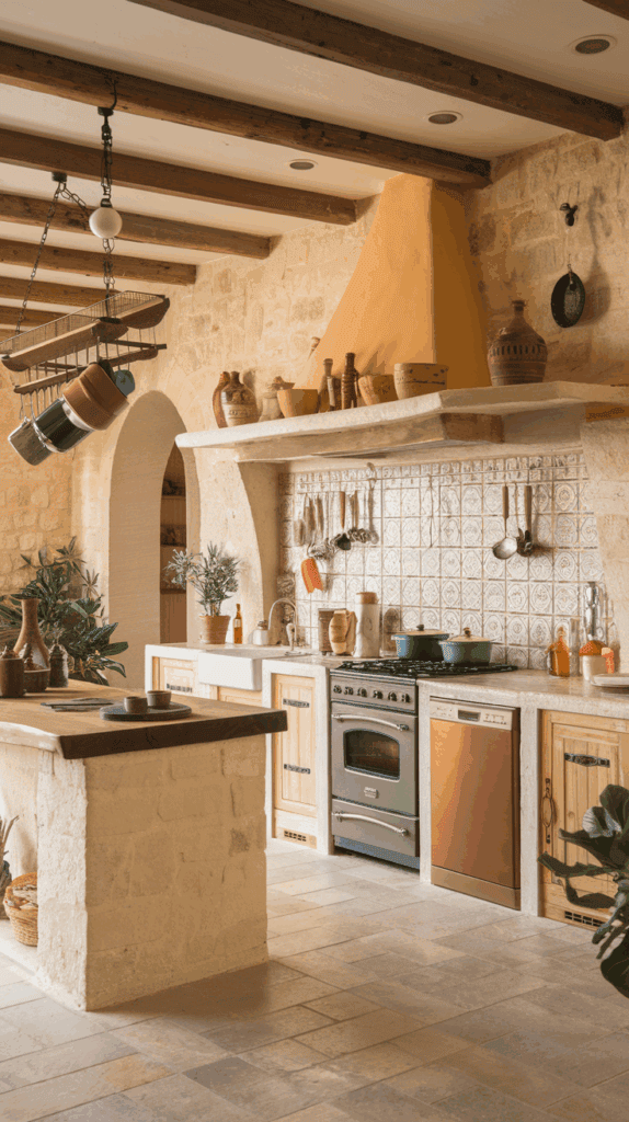 A rustic kitchen with a stone island, wooden cabinets, and a hanging pot rack. The room features exposed wooden beams, a tiled backsplash, and clay pots as decor. There's an oven, a dishwasher, and potted plants adding greenery to the space.