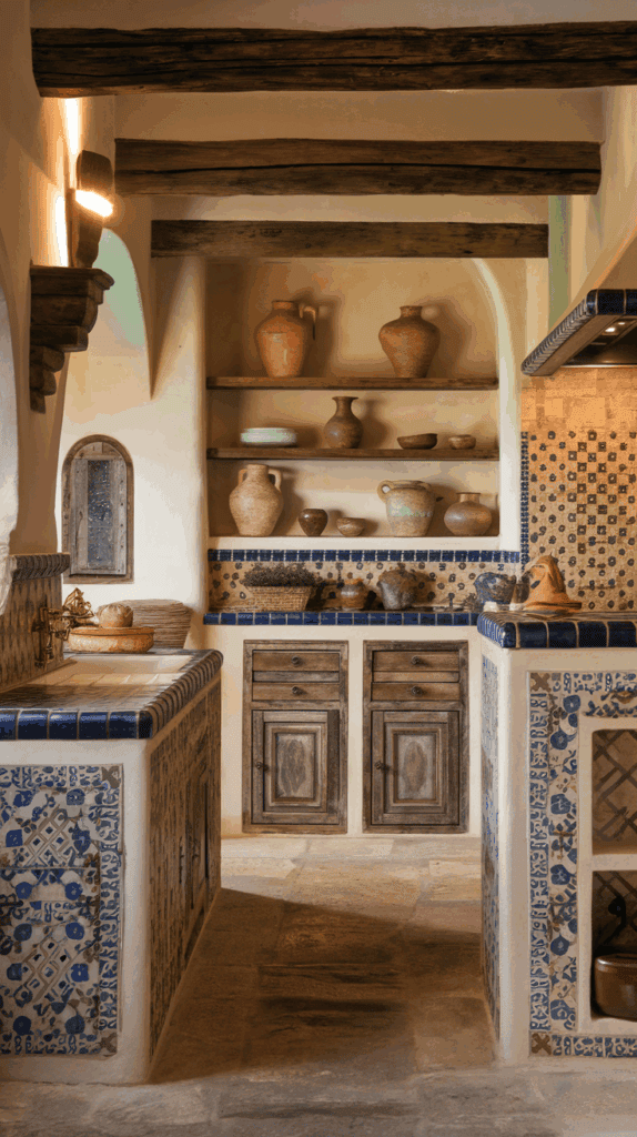 A rustic kitchen featuring wooden beams, aged wooden cabinets, and ceramic tiles with blue patterns. The shelves display various earthenware pots and bowls, and a decorative sink area with brass fixtures is visible on the left.