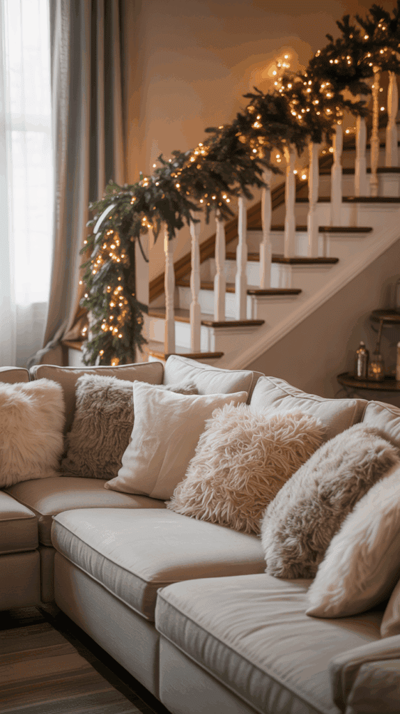 A cozy living room with a sectional sofa decorated with fluffy, textured pillows. In the background, a staircase adorned with greenery and string lights adds a festive touch.
