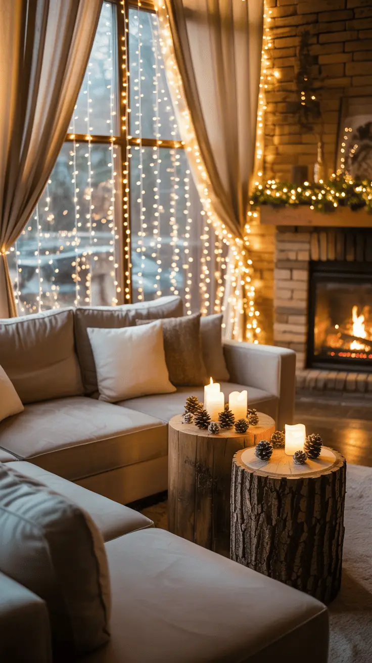 Cozy living room with a white sectional sofa, log side tables decorated with candles and pinecones, a lit fireplace, and string lights hanging in front of large windows with drapes.