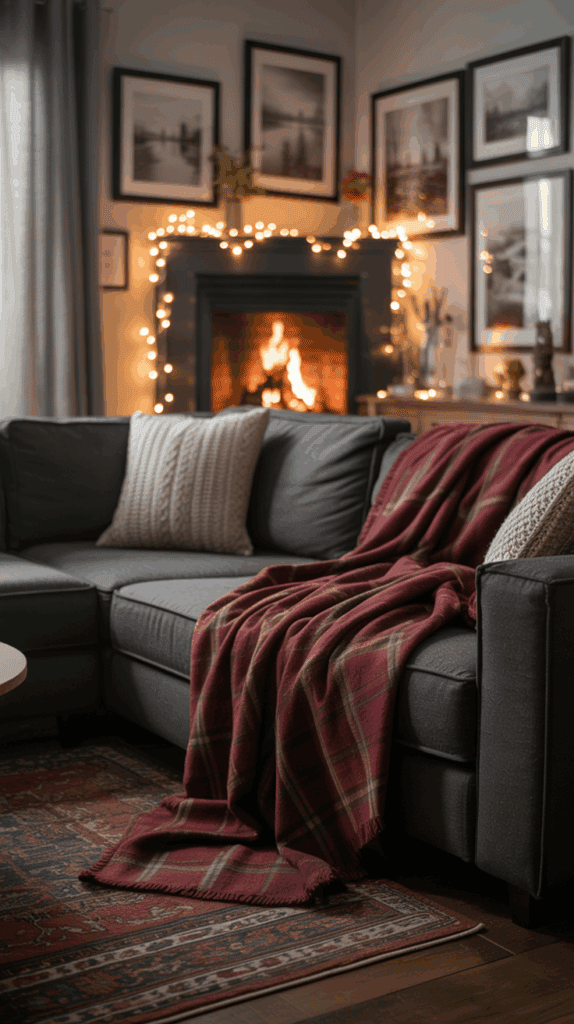 Cozy living room with a grey sectional sofa draped with a red plaid blanket, a beige knitted pillow, a crackling fireplace, fairy lights adorning the mantel, and framed photographs on the walls.