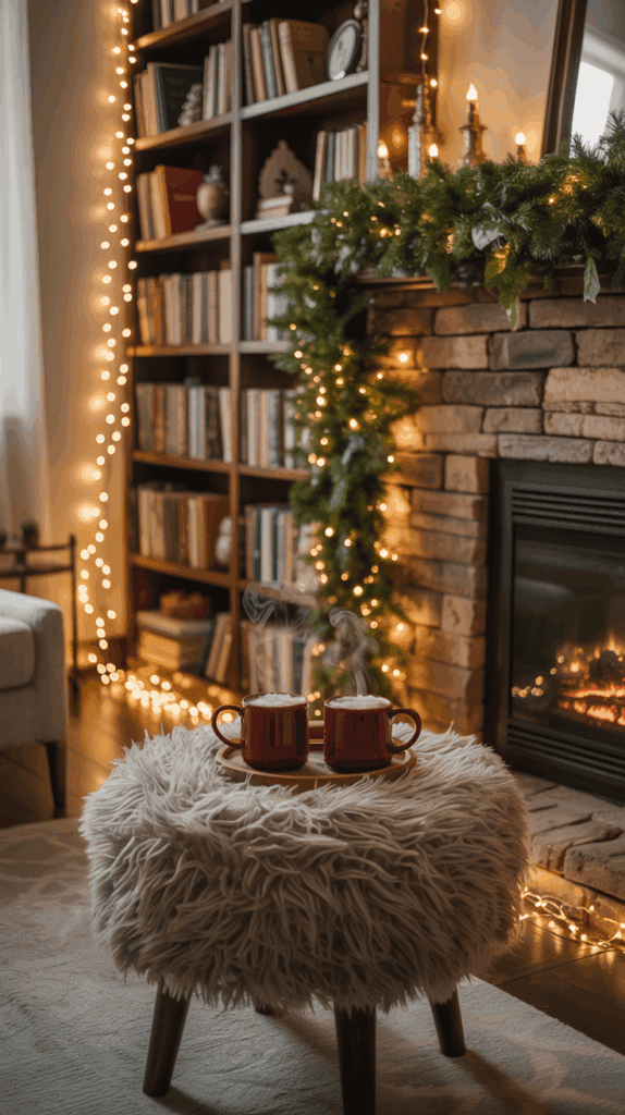 Cozy living room scene with a fur-covered ottoman holding two steaming mugs of cocoa in front of a fireplace, surrounded by festive lights and garland.