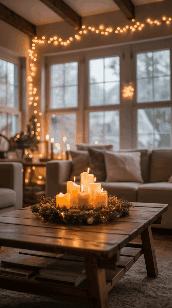 A cozy living room features a wooden coffee table with lit candles arranged in a festive wreath, surrounded by comfortable seating and illuminated by a string of warm fairy lights and a snowflake decoration in the window.