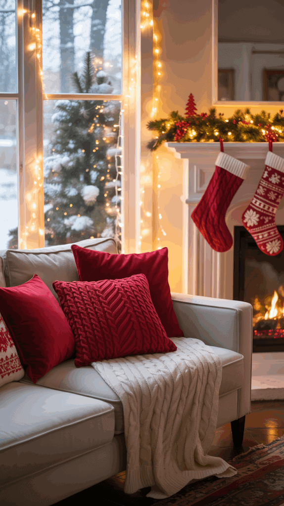 A cozy living room decorated for Christmas with red pillows on a white sofa, a white knit blanket, and a lit fireplace. Stockings and garlands with Christmas lights adorn the mantel, while a snowy scene is visible outside the window.