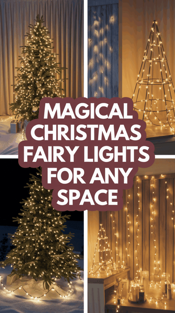 A collage of different Christmas decorations with fairy lights, including a tree adorned with lights, a small tree-shaped structure with lights, and a decorative setup with candles and string lights. The central text reads, 'Magical Christmas Fairy Lights for Any Space,' highlighting the cozy and festive ambiance created by the lighting.