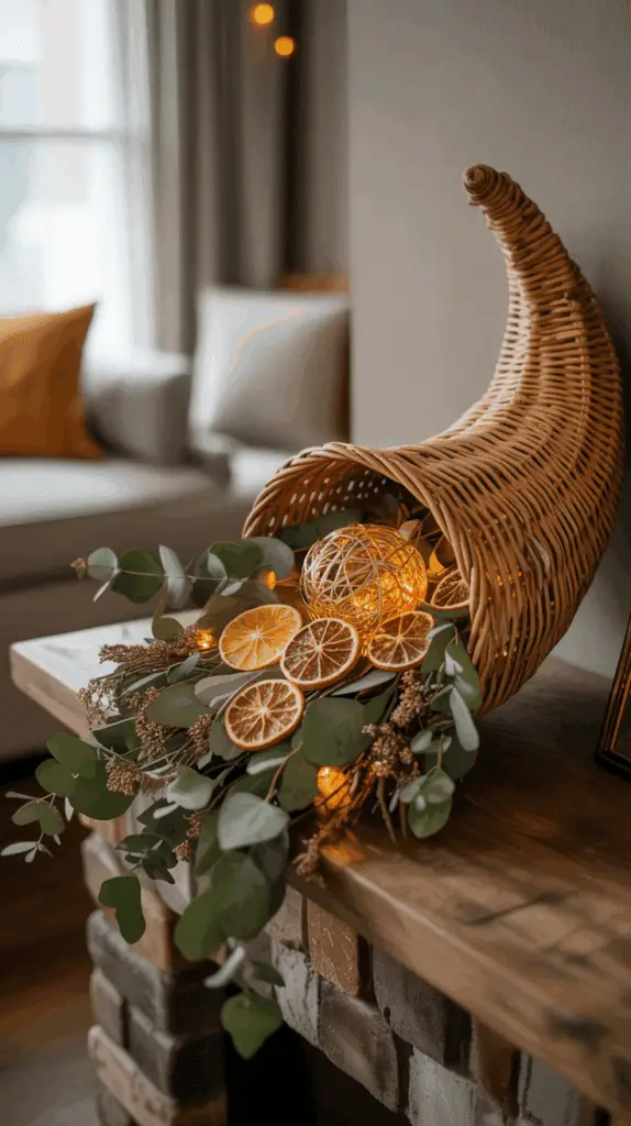 A cornucopia overflowing with dried orange slices, eucalyptus leaves, and small lights, placed on a wooden mantel in a cozy living room setting.