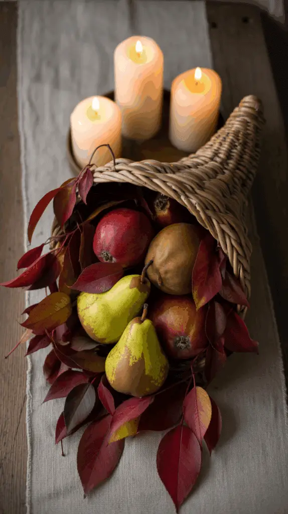 A cornucopia filled with pears, pomegranates, and red leaves, placed on a wooden surface next to four lit candles on a tray.